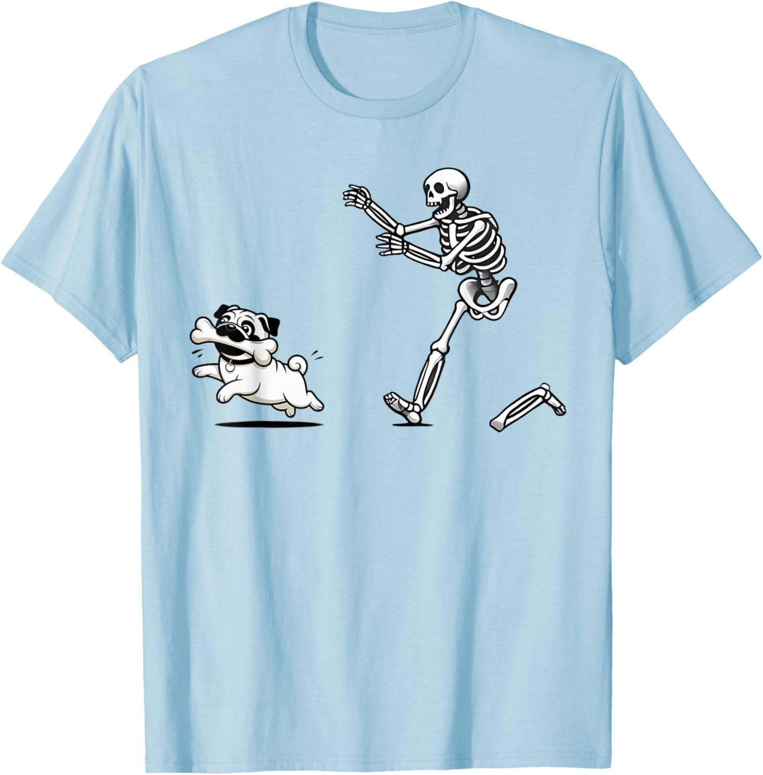 Funny Pug Dog Steals Bone from Skeleton Design Unisex T-Shirt S разноцветный
