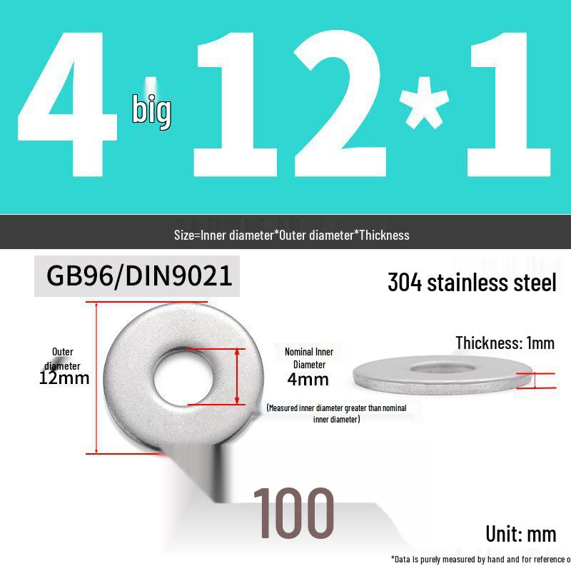 304 Stainless Steel Enlarged Flat Washer Ring (Sizes: M1.6-M22)
