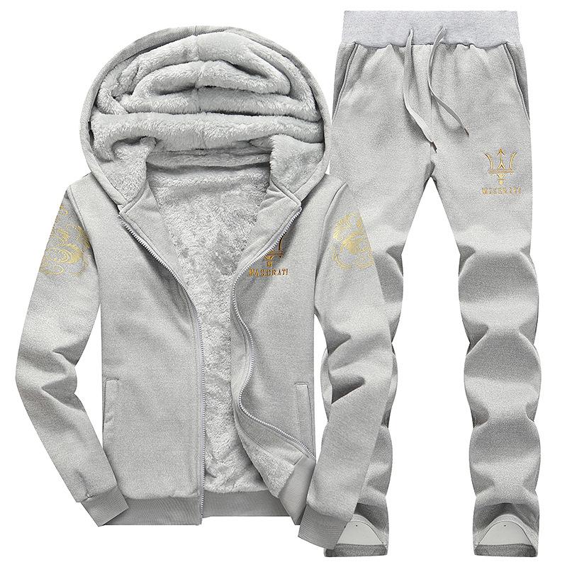 Men's Winter Sportswear Set: Hooded Sweater & Thick Velvet Jacket, Long-Sleeved, Large Sizes Available
