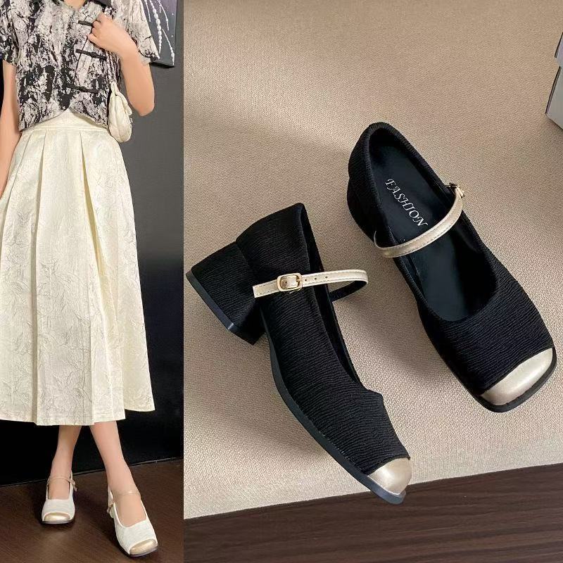 French thick heel small fragrant Mary Jane single shoes new spring and autumn square head black evening shoes