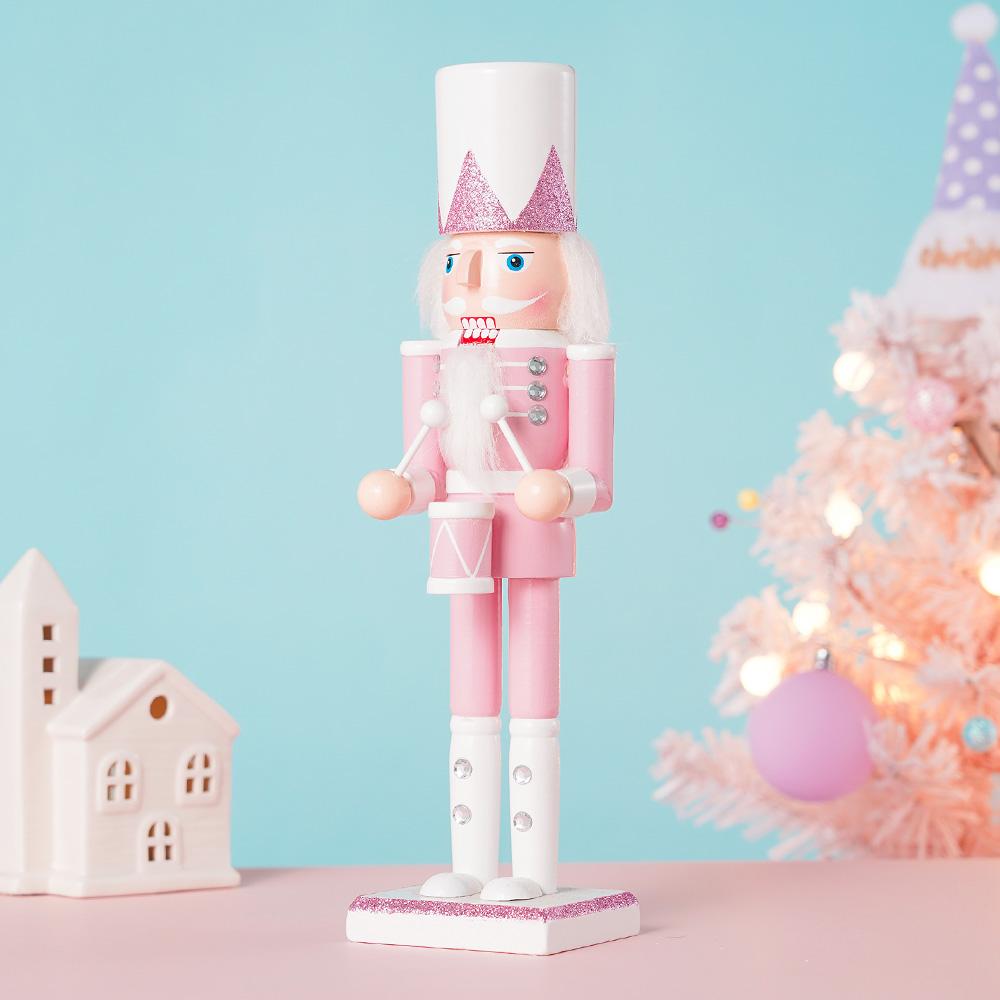 30CM Wooden Nutcracker Solider Figurine Puppet Pink Glitter Soldier Doll Toy Handcraft Ornament Christmas Home Office Decoration