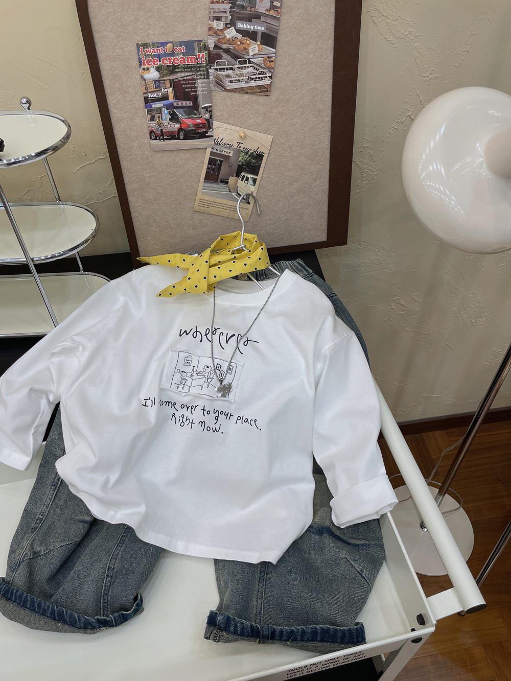 

Футболка с длинным рукавом с принтом пэчворк - Чистый хлопок, Весна/Осень, Легкая, Дизайн граффити, Корейский стиль, Модная мужская мода. 110cm белый