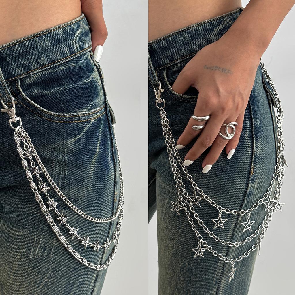 Punk Style Hollowed Out Pentagram Chain Jeans Chain, Hip Hop Star And Moon Pendant Waist Chain Hanging Chain