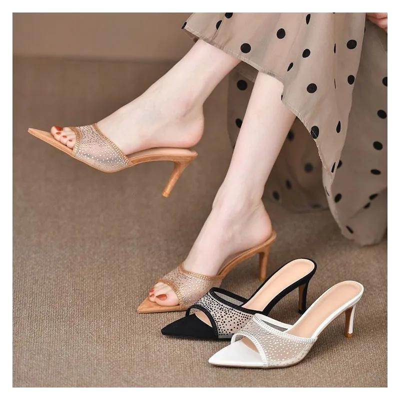 7.5cm Square Toe Fish Mouth Heel Sandals Square Toe Slippers Sexy Temperament Women Open-Toe Sandals  35-42
