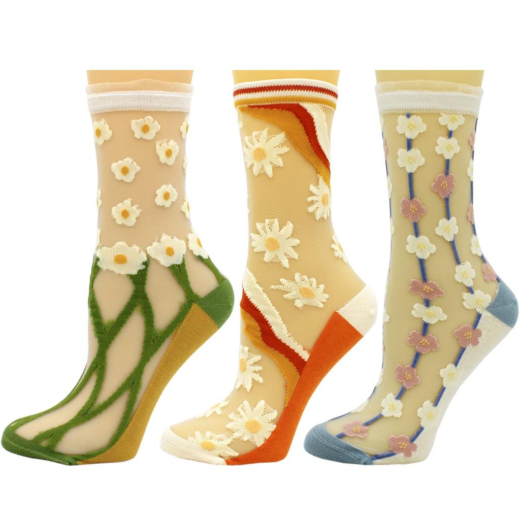 Summer Cute Lace Floral Print Sizes Women's Socks, Socks, Transparent, See-Through Socks, Stylish, Thin, Odor-Resistant, Non-Sweaty, 5-Pair Set,