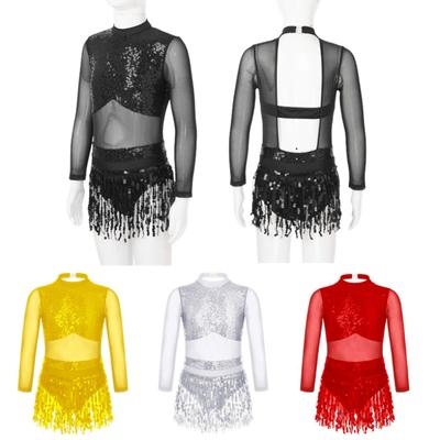 Kids Girls Sequins Tassel Latin Dance Costume Long Sleeve Hollow Back Lyrical Jazz Gymnastic Ballet Outfits