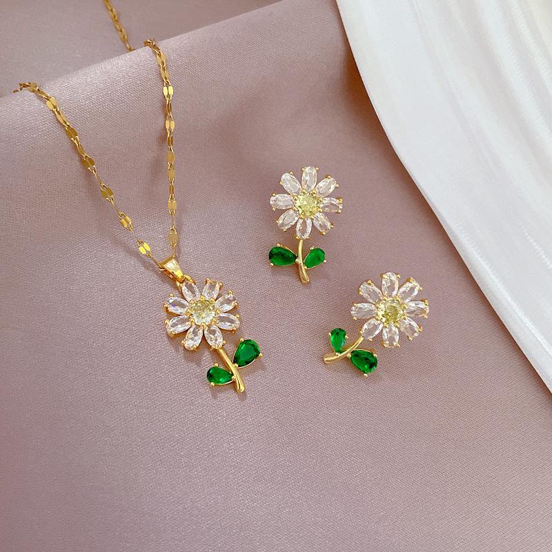 Zircon Flower Jewelry Set for Women 2023 New Fashion Cubic Zirconia Pendant Earrings Necklace