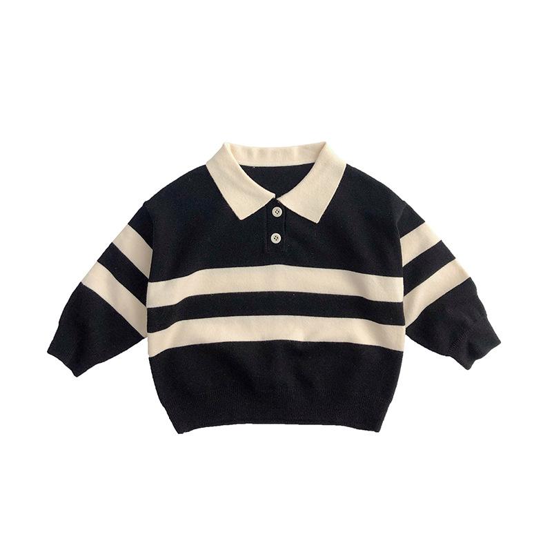 Mori Style Children's Knitted Sweater - Striped, Two-Button, Turn-Down Collar, Casual and Fashionable for Boys and Girls in Spring and Autumn.