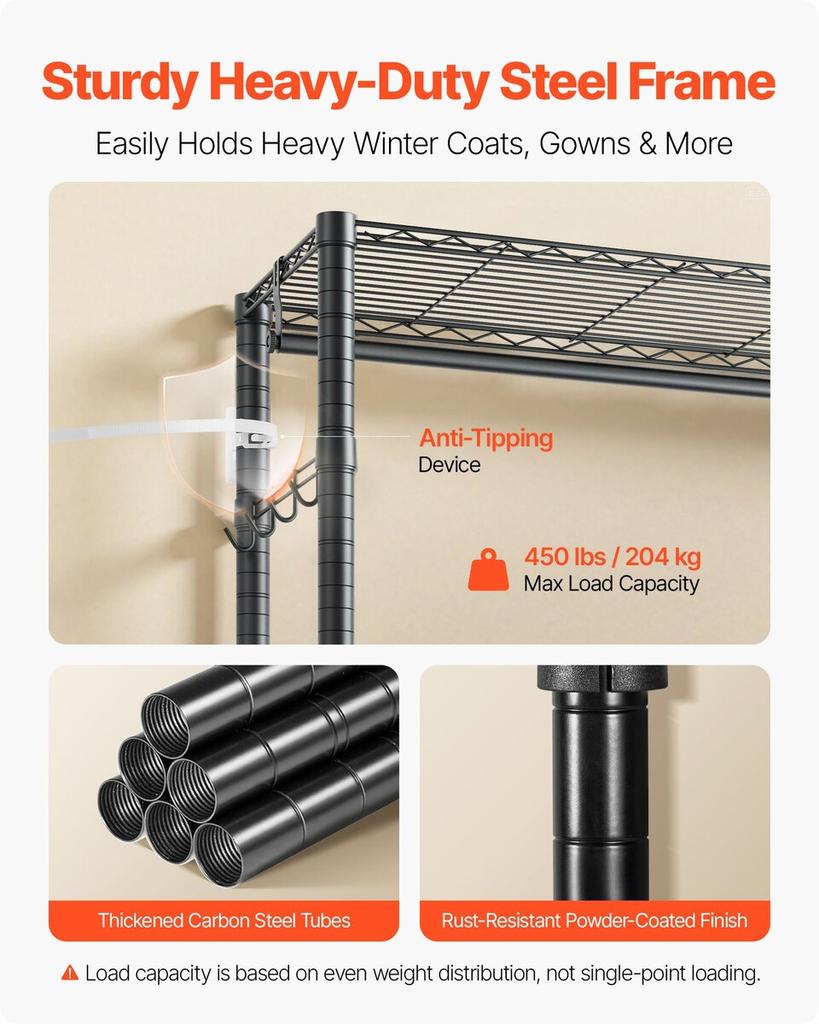 Rolling Clothes Rack, Heavy Duty Clothing Garment Rack, 3 Adjustable Tiers Clothing Racks with Carbon Steel, 204 kg Load Capacity Closet Wardrobe for