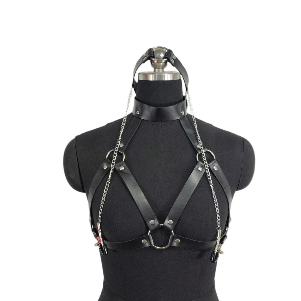 Leather Gag & Nipple Clamps Chain - Women's Erotic Restraint Clothing & Props