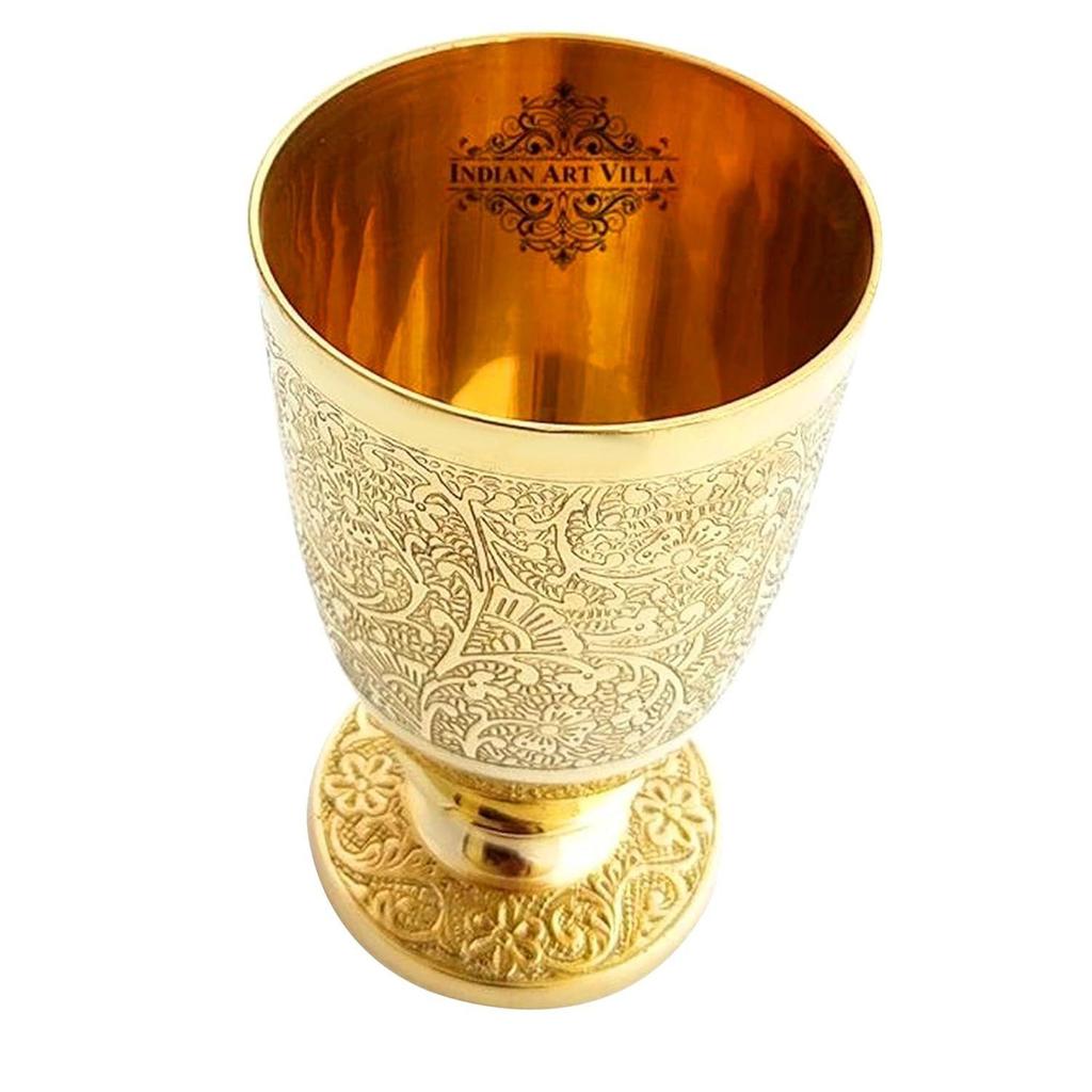 Pure Brass Glass Tumbler with Goblet Design - 350 ml, Embossed, Drinking and Serving Water, Yoga and Ayurveda, 2 Piece