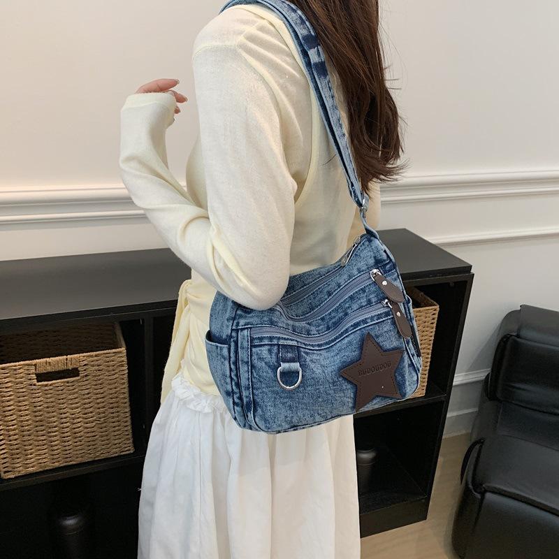 Denim Large Capacity Women's Crossbody Bag Commuter Multi-compartment Five-pointed Star Shoulder Bag