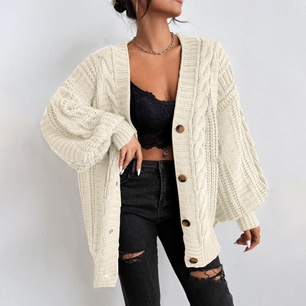Women's Fashion Loose Cable-knitted Long Sleeve Cardigan Jacket