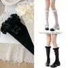 Women Japanese Aesthetic Hollowout Mesh Middle Tube Socks Striped Patterned Ruffle Trim Over Calf Socks with Bows Accent