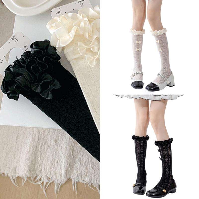 Women Japanese Aesthetic Hollowout Mesh Middle Tube Socks Striped Patterned Ruffle Trim Over Calf Socks with Bows Accent