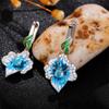 Boucles d'oreilles Huitan Vintage Émail Fleur Esthétique Bleu Floral Feuille Verte Design Élégant Pendantes pour Femmes Nouveau Fête