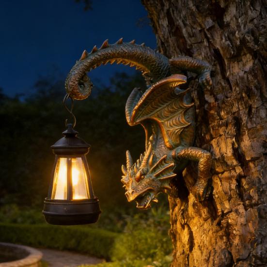 Dragon Tree Hugger Solar Lantern Resin Fantasy Dragon Garden Statue for Gothic Tree Wall Fence Decor Gifts for Women Mom Grandma