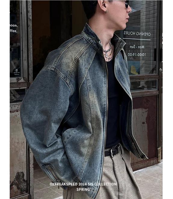 Herren American Retro Gewaschene Jeansjacke - Schwer, Lockerer Schnitt, Trendig, Lässig, Frühling Reißverschluss Arbeitskleidung