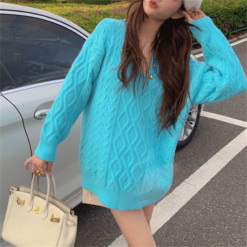 V-neck Twist Sweater Women In The Long Section of The Fall and Winter Loose Lazy Wind Gentle Pullover Knitted Tops