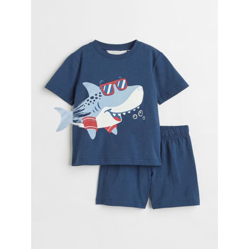 2026 Boys' Summer Outfit Set Dark Blue Shark Boy Summer Pure Cotton Short-Sleeve T-Shirt Children's New Two-Piece Set Trendy 8