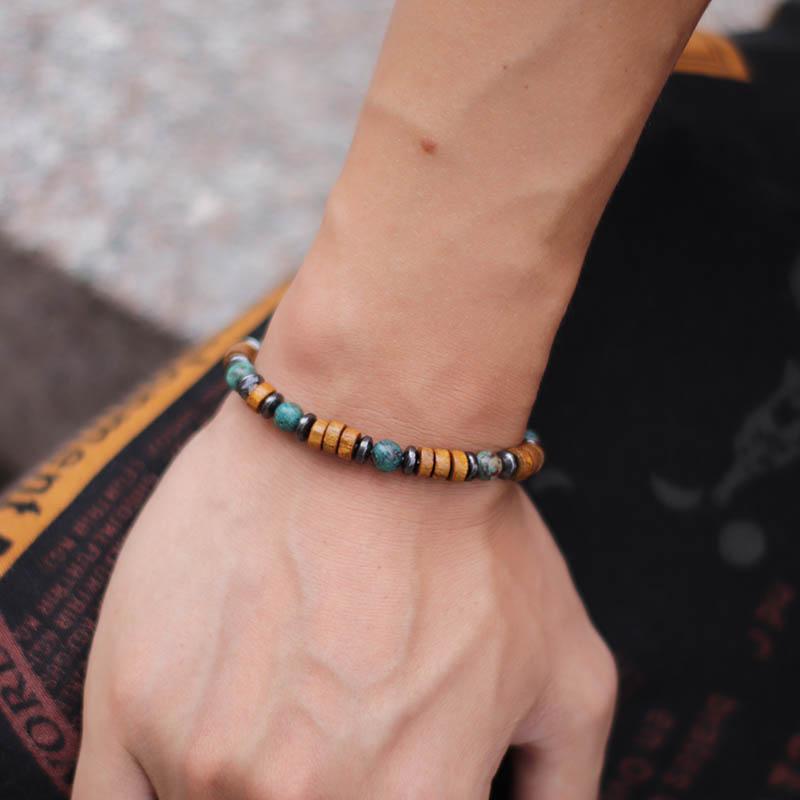 

Handmade Natural Wood Bracelet Men 6mm Lava Hematite Blue Sandstone Beaded Braslet Stone Pulseria Homme Meditation Jewelry Joias