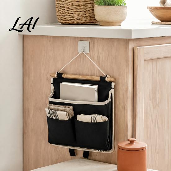 Door Hanging Pocket Organizer Wall Storage Bag with 3 Pockets Cotton And Linen Waterproof Foldable for Kitchen Pouch Over The Closet Bedroom