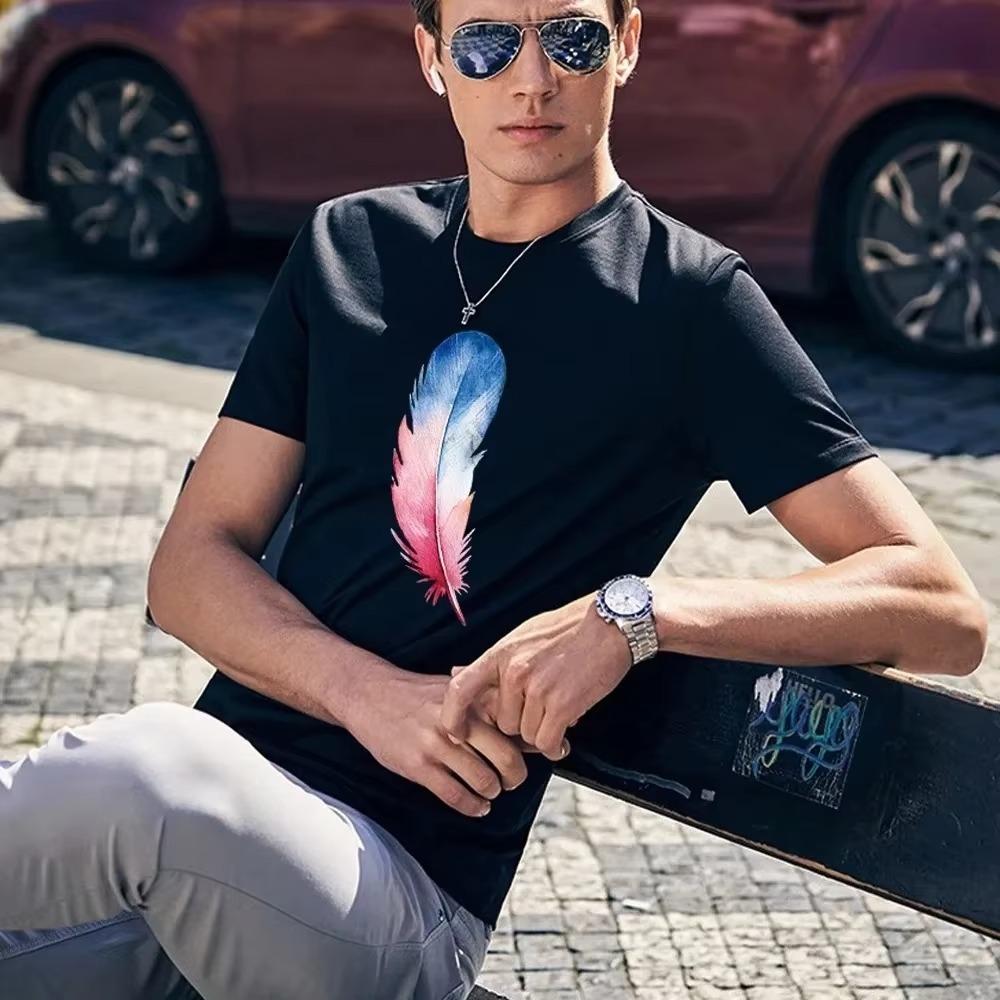 2023 Summer Men Clothes Short-sleeved T-shirt Casual Breathable Male Clothing O-Neck T Shirt Feather Printed Fashion New Tops