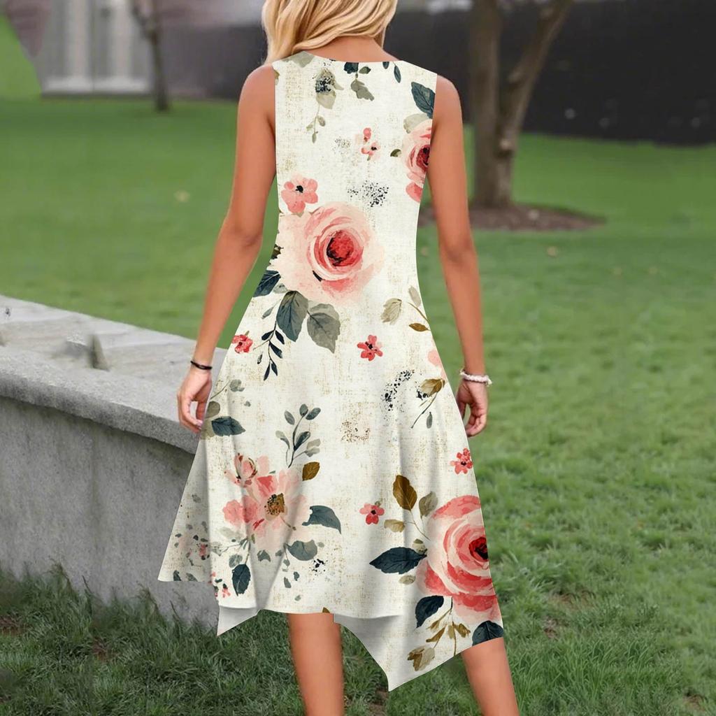 Women's Summer Fashion Round Neck Sleeveless Floral Print Irregular Hem Midi Dresses