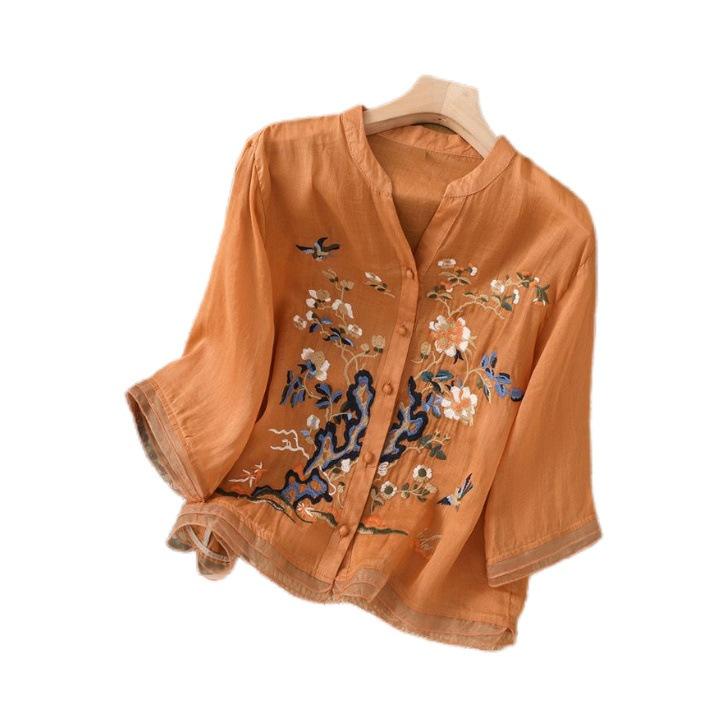 Hochwertige Baumwoll-Leinen-Jacke Damen Sommer Bestickte Strickjacke Hemd Chinesischer Nationalstil Nähte Knöpfe Hemd