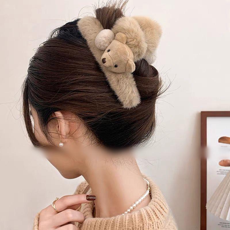 French Plush Fur Hair Claw Clip with Pearl for Thick Hair - Autumn/Winter Accessories