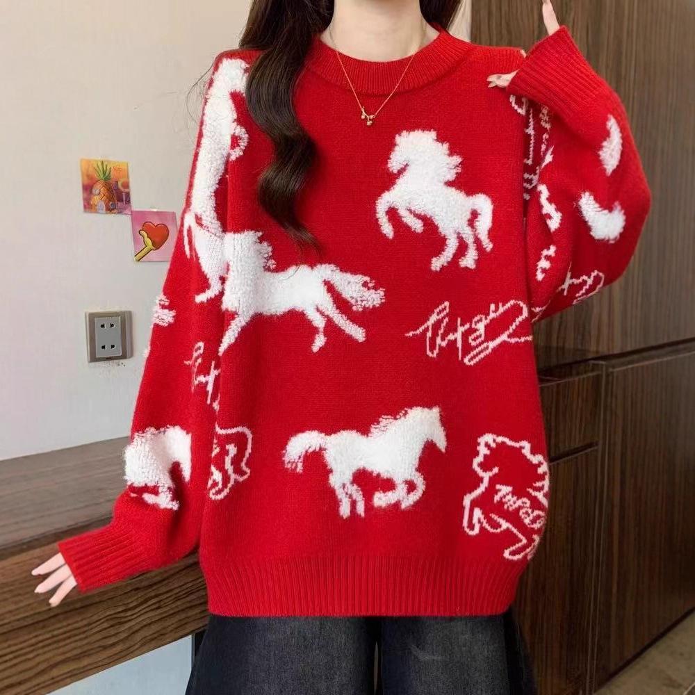 High-End Red Christmas Sweater for Plus Size Women: Loose, Slimming, Super Stylish Knitwear Top
