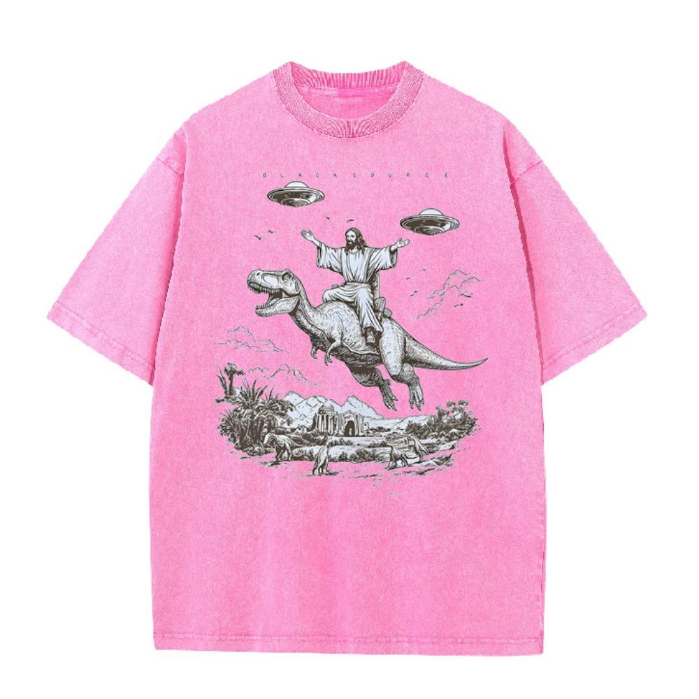 Vintage Washed Distressed T Shirt Cartoon Dinosaur Print Unisex Short Sleeve Tee Streetwear Student Vacation Tops