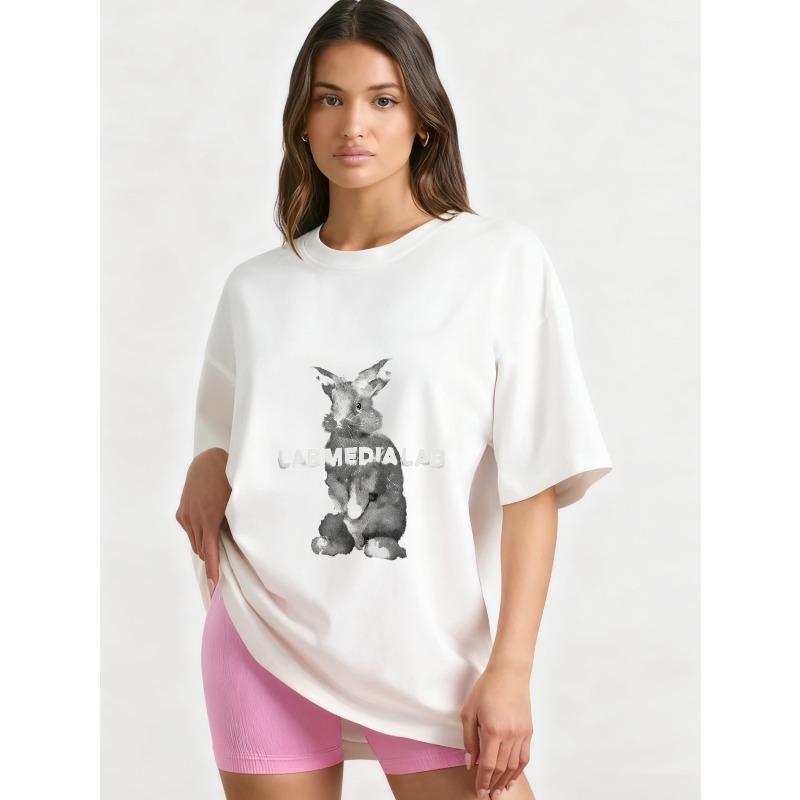 

Футболка оверсайз с принтом черного кролика и надписью Lab Media Lab, повседневная уличная одежда для женщин XXXXL белый