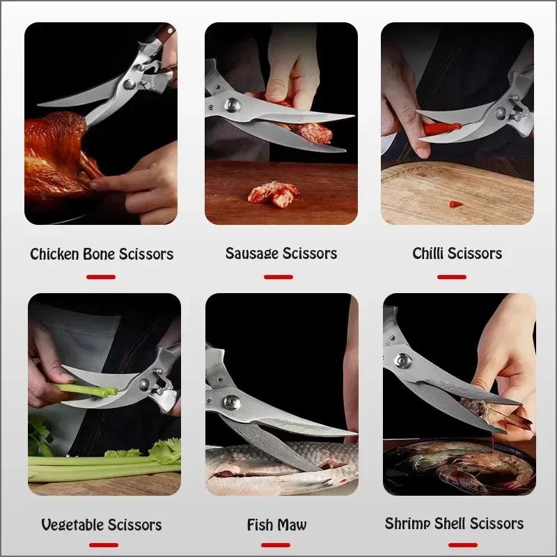 Tesoura de cozinha Tesoura para ossos de frango de alta resistência Tesoura para churrasco de aço inoxidável Escama de peixe Tesoura fácil de limpar