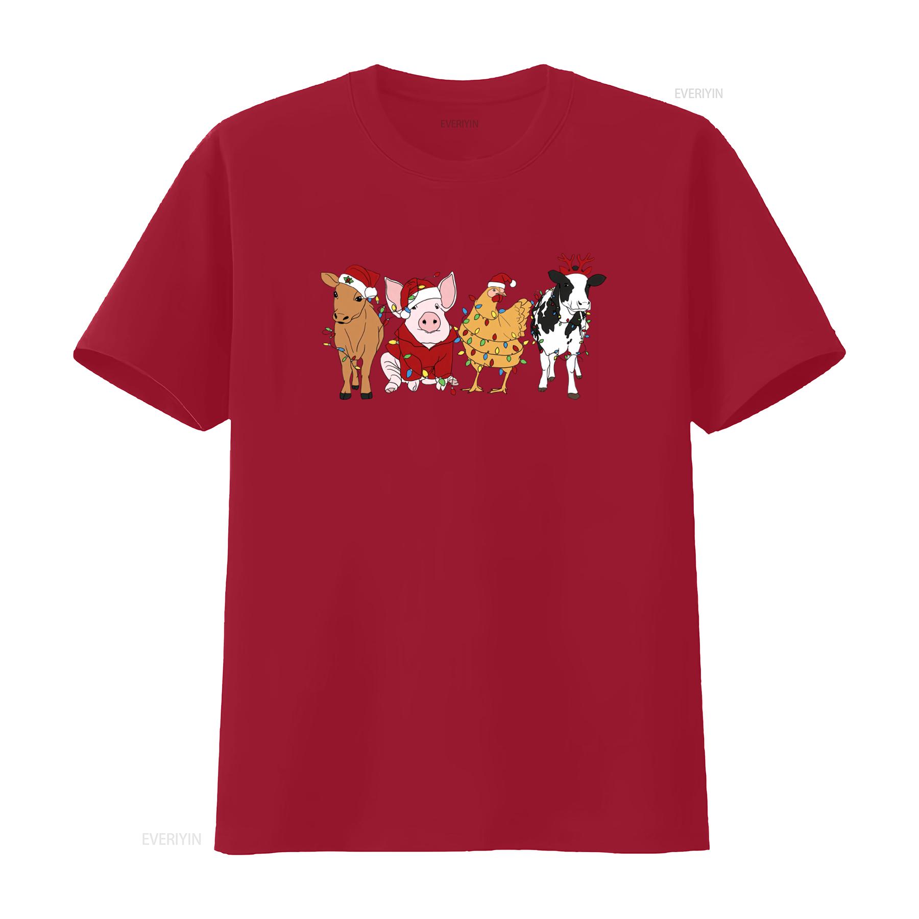 

Christmas Farm Animals T Shirt Cute Highland Cow Pig Chicken Funny Holiday Design vintage Washed Top For Everyday Wear S