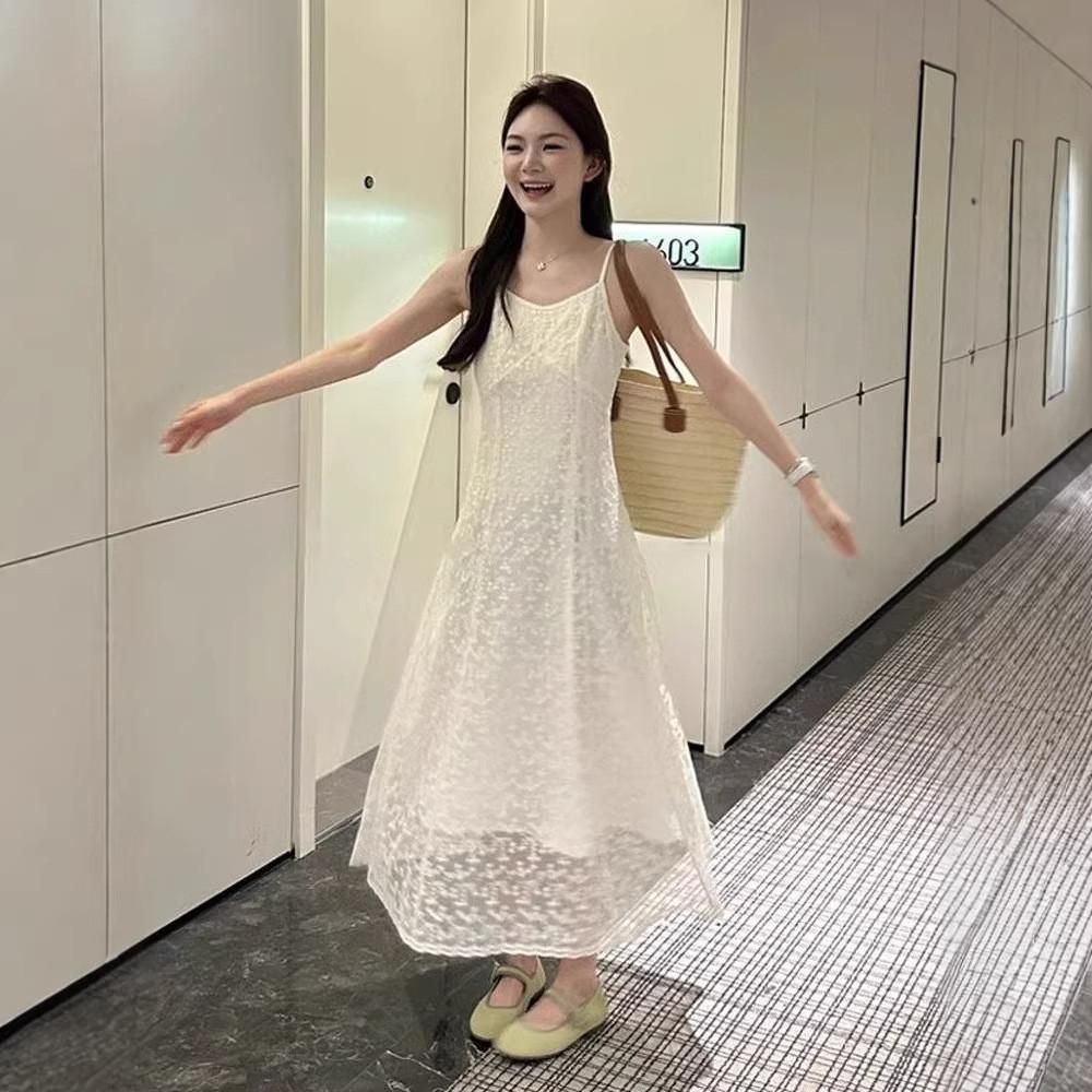 Elegant Summer Polyester Lace Midi Dress For Women With Waistcinching Design