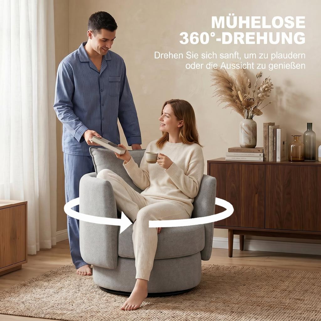 Accent Chair with 360 degrees Swivel Base, Leisure Club Chair in Linen Fabric with Cushion in Light Grey
