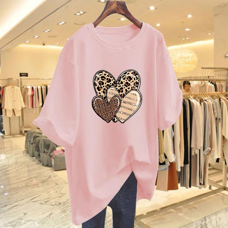 Cotton love print t-shirt women's summer fashion crew neck top large size women's clothing