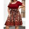 Damska Modna i Trendy Sukienka z Krótkim Rękawem i Okrągłym Dekoltem z Nadrukiem w Talii w Dużym Rozmiarze