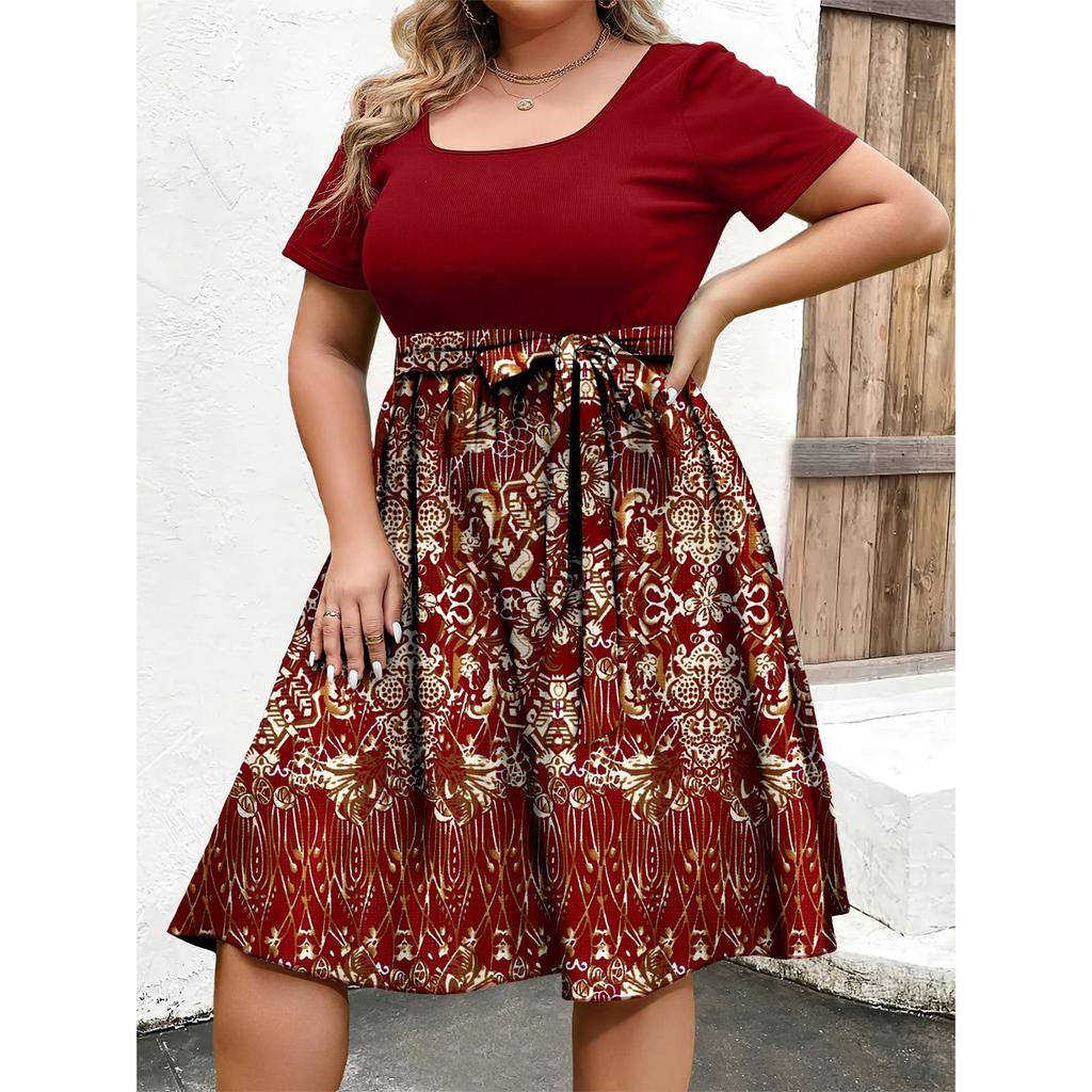 Damska Modna i Trendy Sukienka z Krótkim Rękawem i Okrągłym Dekoltem z Nadrukiem w Talii w Dużym Rozmiarze