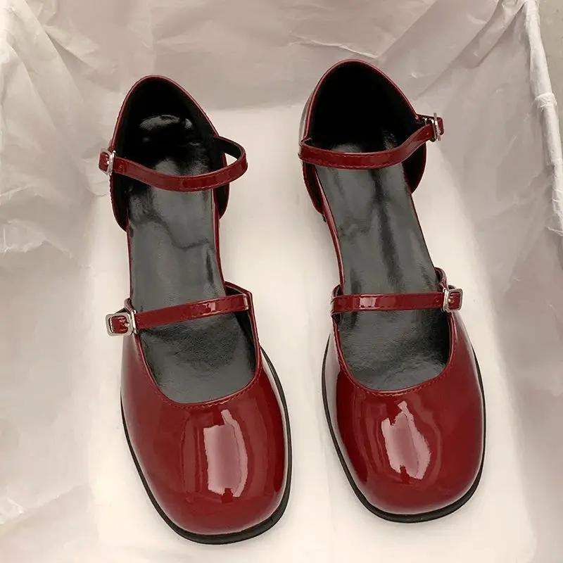 Fashion Mary Jane Shoes Buckle Pumps Women Elegant Shallow Hollow Thick Heel Casual Shoes Ladies Office Party Leather Shoes 2025