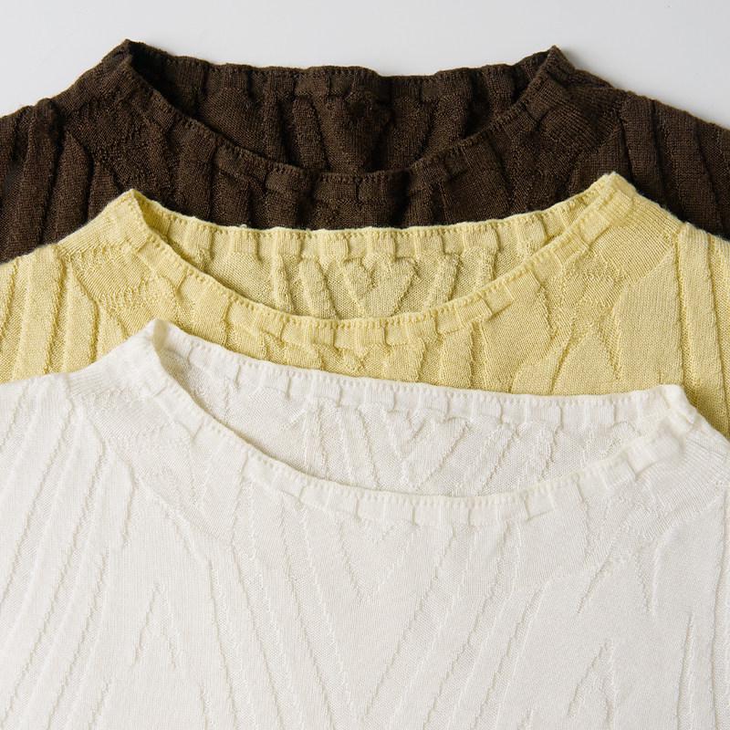 Northern Deer Elegant Jacquard Knit Short Sleeve: 73.2% Wool, 26.8% Silk, Early Spring Style