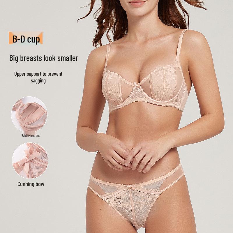French Lace Push-Up Bra & Bunny Ears Underwear Set for Women - Enhances Large Busts, Summer Lingerie