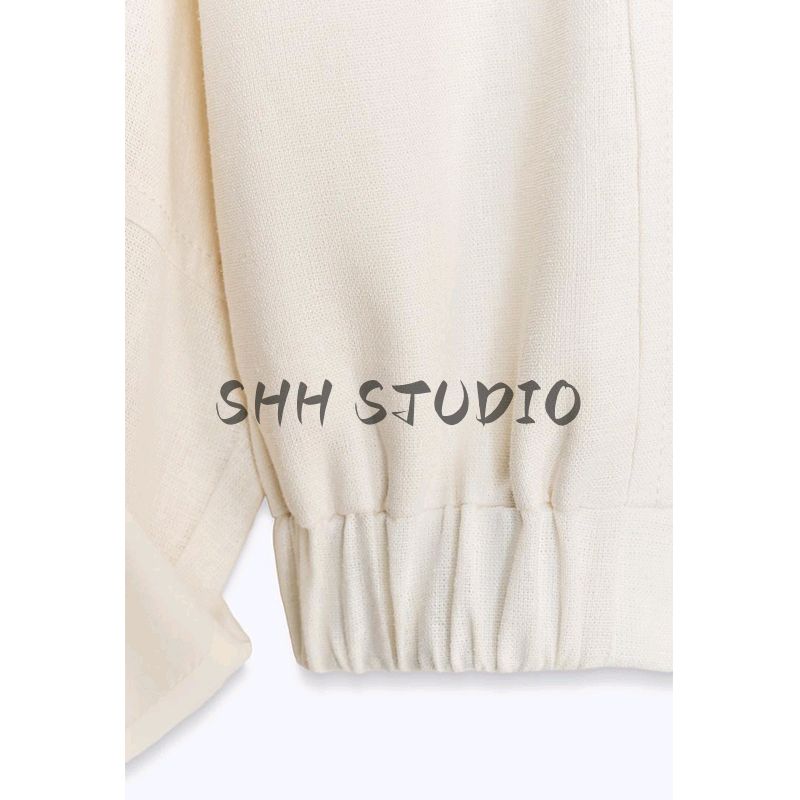 Summer New Product Women's Clothes Minimalist Stand Collar Long Sleeves Linen Blended Roll-up Sleeve Jacket Outwear 3653724