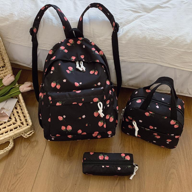 Cute Strawberry Pattern Backpack Set 3Pcs Handbag&pencil Case Reinforced Nylon Dual Zipper School Essentials Lightweight Commute