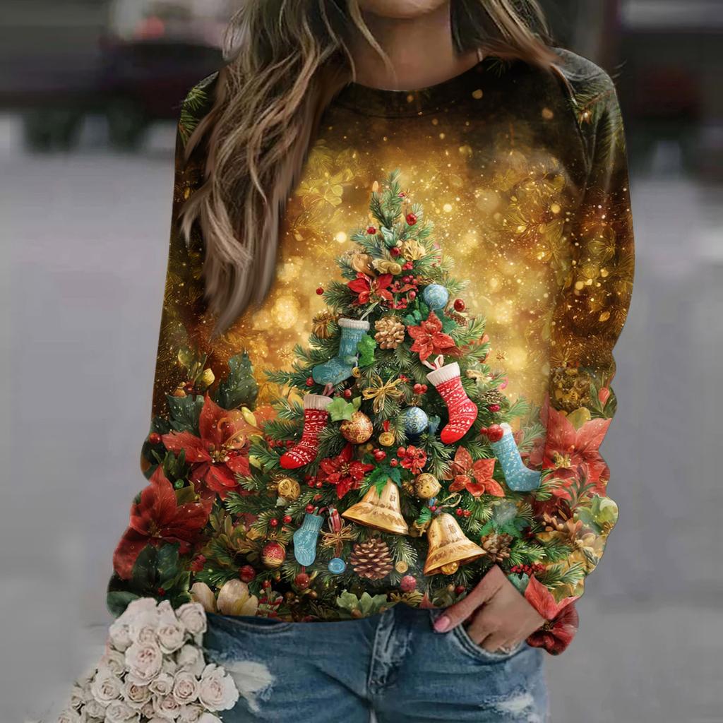 Women's Fashion Casual Long Sleeve Christmas Printed Neck Sweatshirt Top