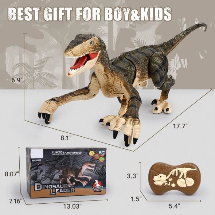 Jouet dinosaure télécommandé - ZGEER - Velociraptor - Lumière LED - Sons réalistes - 3 ans et plus