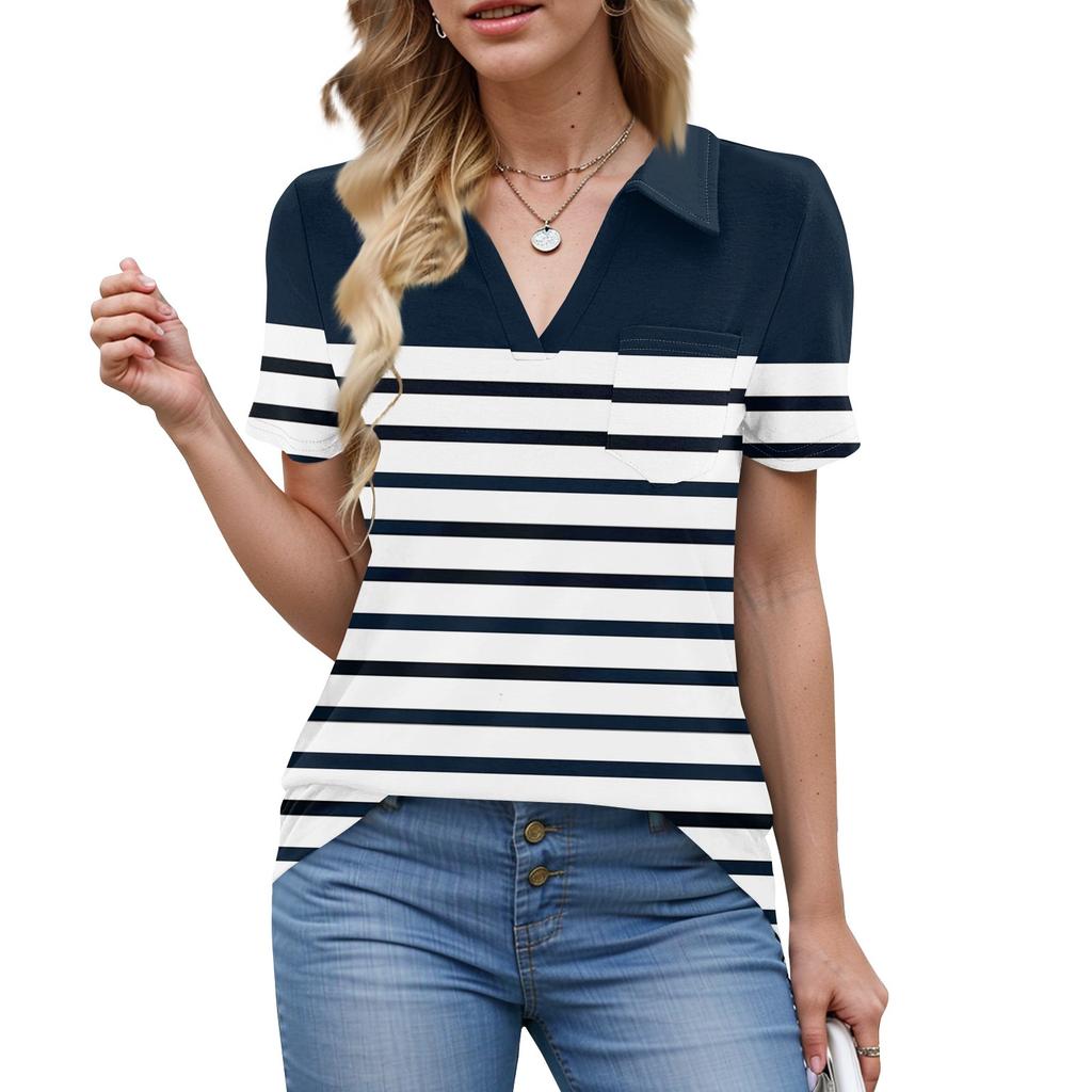 Damen Bluse Sommer Business Casual Arbeitstops Kurzarm Button-Down-Kragen V-Ausschnitt Bluse T-Shirt