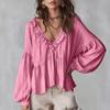 Women's Loose-fitting, Casual, And Sweet Blouse With Ruffled Trim And Puff Sleeves.