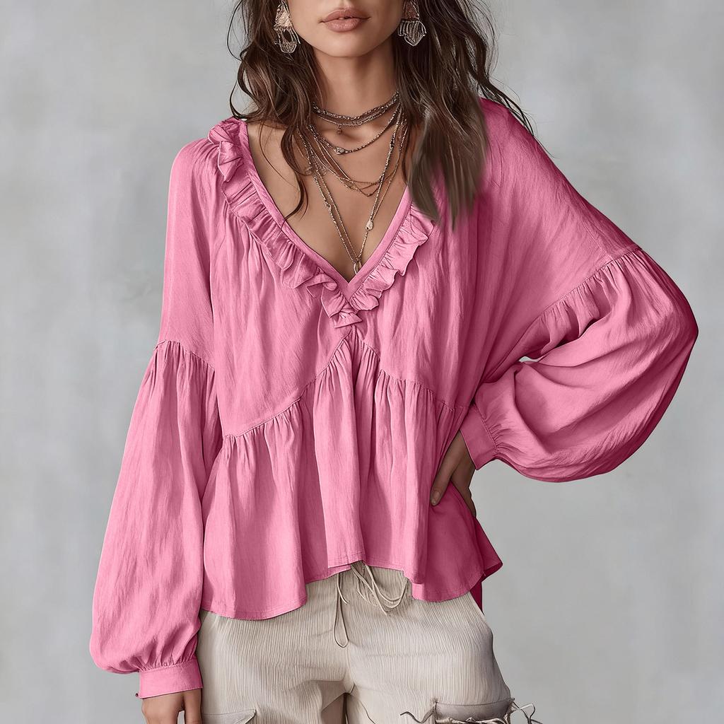 Women's Loose-fitting, Casual, And Sweet Blouse With Ruffled Trim And Puff Sleeves.